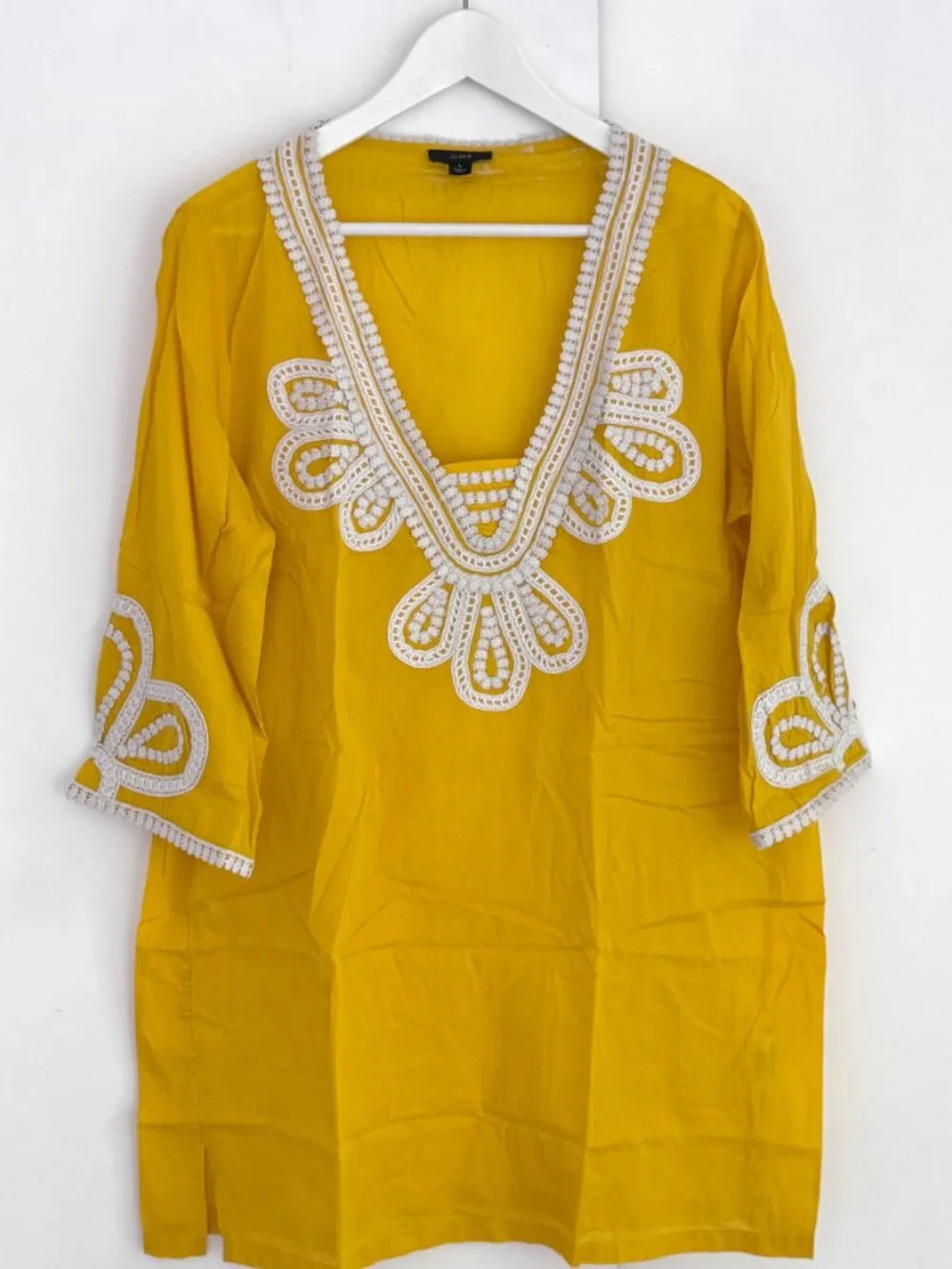 J. Crew Corded Trim Short Yellow Tunic Kurti Embroidery Dress Beach Size Large